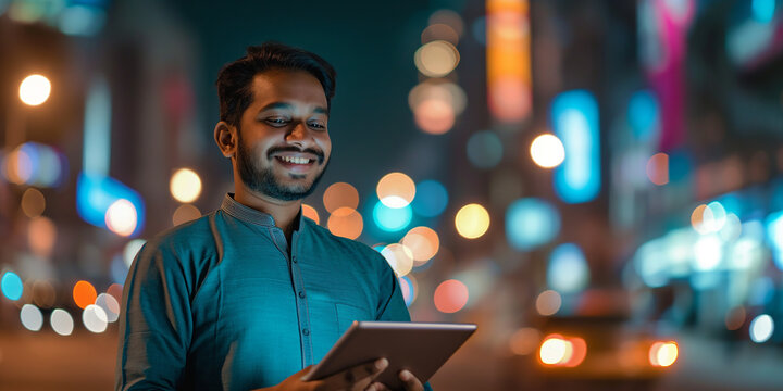 Smiling young indian man using digital tablet on city street at night