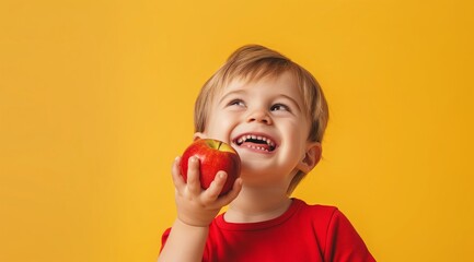 Child happily holding a red apple against yellow background. Healthy eating concept copy space