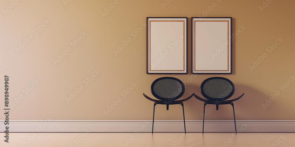 Poster two modern chairs standing in gallery with blank frames showing on wall