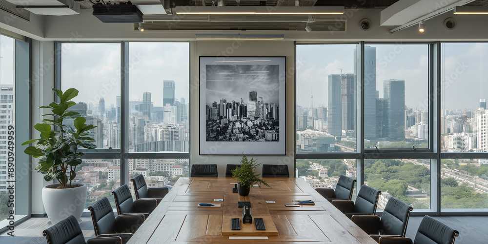 Aufkleber Empty boardroom with a view of the city through large windows