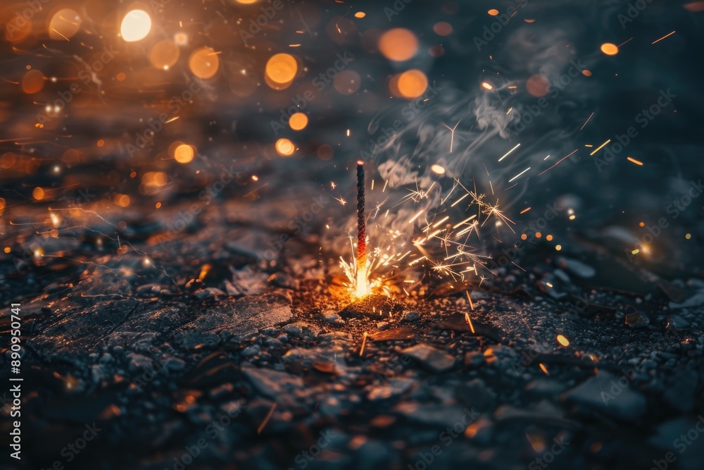 Poster a single sparkler lying on the dark surface, suitable for use as a decorative element or to represen