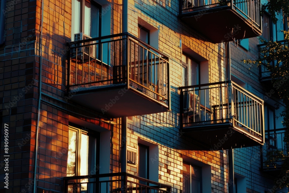 Poster A cityscape image showing a multi-story apartment building with stacked balconies, providing a unique view of urban architecture