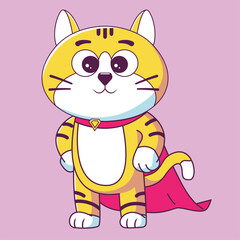 cute superhero cat standing wearing red cape vector illustration mascot cartoon animal isolated