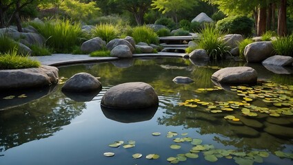Serene Zen Garden with Lake and Meticulously Placed Rocks and Lush Greenery Capturing Tranquility and Beauty!