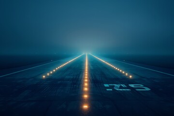 Misty runway with illuminated lights during night, leading into the foggy distance, creating a mysterious and atmospheric aviation scene.