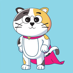 cute calico cat standing wearing red cape superhero pose. vector illustration cartoon animal flat isolated