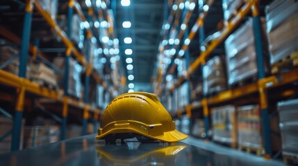 Yellow safety helmet in a well-organized warehouse aisle filled with shelves and boxes, emphasizing industrial safety and organization.