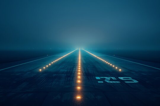 Misty runway with illuminated lights during night, leading into the foggy distance, creating a mysterious and atmospheric aviation scene.