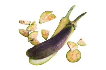 Sliced eggplant split in the middle isolated on white background