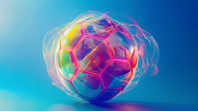 Abstract glowing neon colored soccer ball over blue background. 