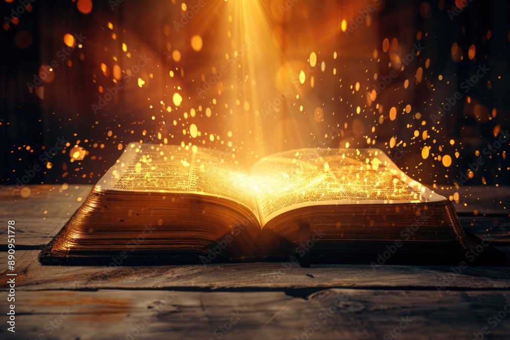Aufkleber an open book with a bright light shining from within, great for illustrations about knowledge, learn