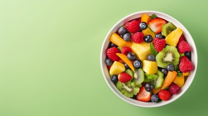 A refreshing fruit salad with a variety of colorful fruits arranged in a bowl, on a solid lime green background