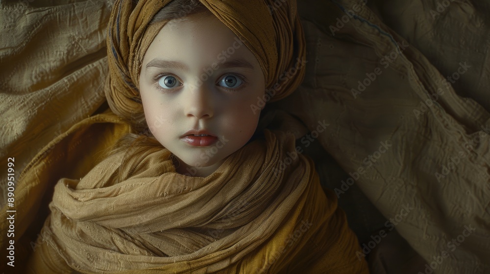 Canvas Prints A young girl with a colorful turban gazing directly into the lens