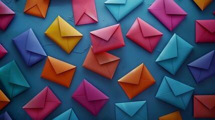 Colorful envelopes arranged on a blue background, showcasing a vibrant and artistic design for mail, invitations, or creative projects.