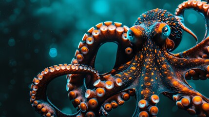 Obraz premium An octopus with a steampunk aesthetic The octopus is black with orange accents and has glowing blue eyes