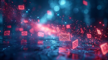 Futuristic email communication concept, glowing neon email icons floating in a digital space amid blue and red light streaks.