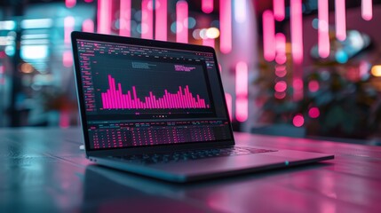 Modern laptop with data analytics on screen, vibrant pink neon lights in background, displaying technology and business concepts.