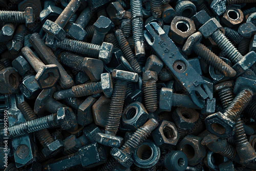 Poster a collection of nuts and bolts stacked on top of each other, great for diy projects or technical ill