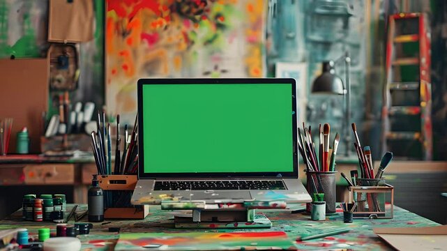An artist's studio with a laptop displaying a green screen on a cluttered wooden table