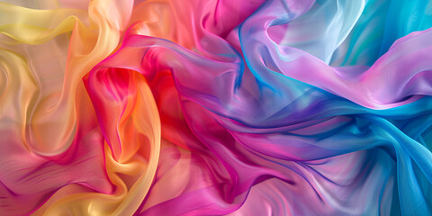Obraz premium Colorful silk fabric with vibrant textures, Rainbow hued chiffon fabric background with soft flowing waves
