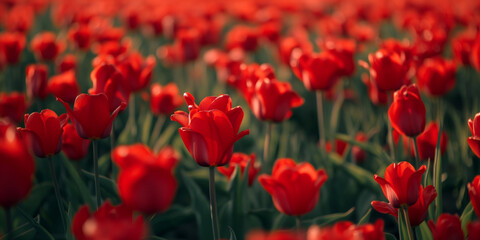 Fototapeta premium Lively fresh tulip fields, vivid green foliage and bright red tulip flowers.