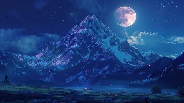 Mountain under a full moon on a fantasy night, featuring a dramatic and mystical landscape with the full moon casting an ethereal gl Seamless looping 4k time-lapse virtual video animation Generated AI
