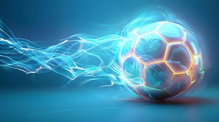 Abstract glowing neon colored soccer ball over blue background. 