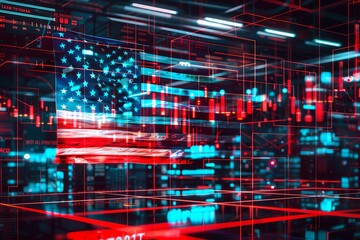 Abstract digital rendering of the American flag with data and code.