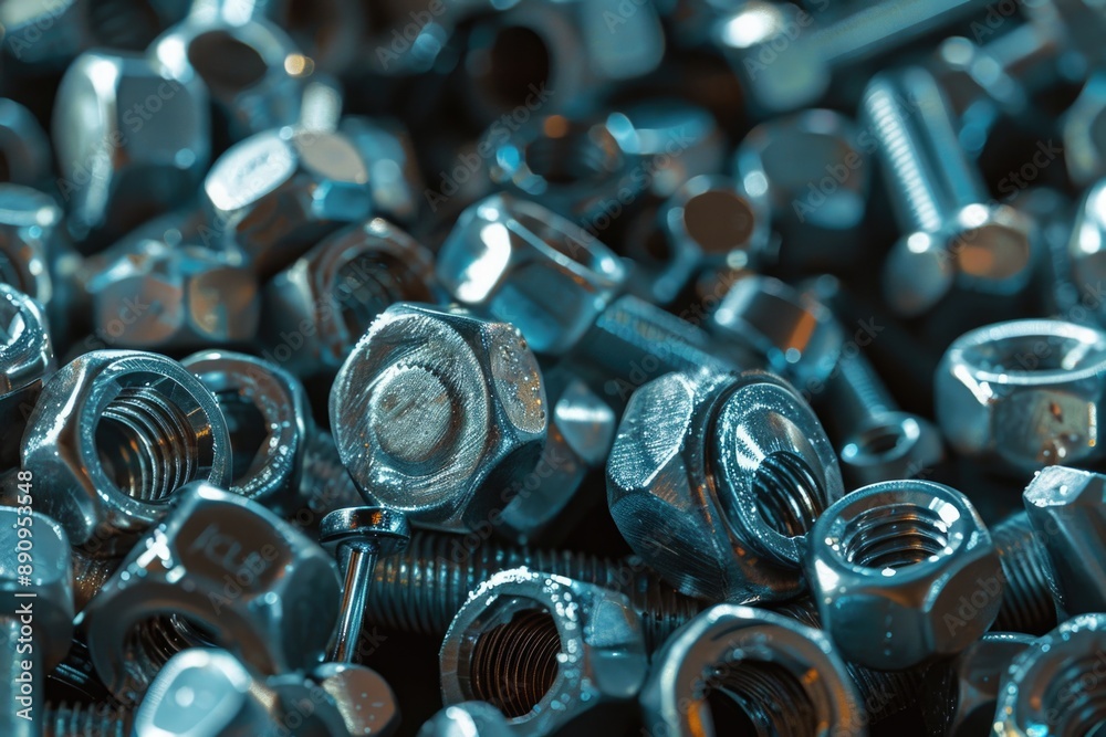 Poster a pile of nuts and bolts stacked on top of each other, often used in diy projects or as a decorative