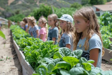 Fototapeta premium Children Observing Growing Vegetables in a Garden
