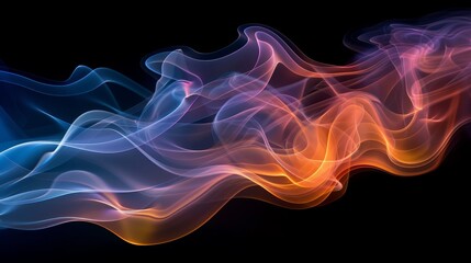 Abstract colorful smoke against black background, blending hues of blue, orange, and pink, creating a mesmerizing swirling pattern.