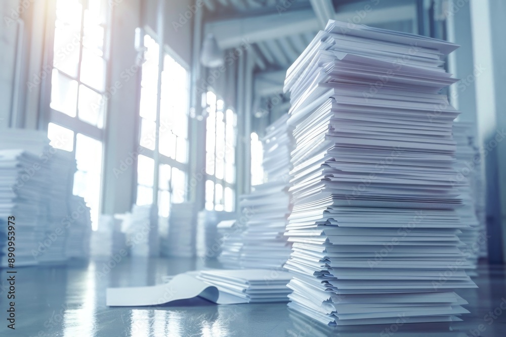 Poster a stack of papers sits on top of a wooden table, ready for review or organization