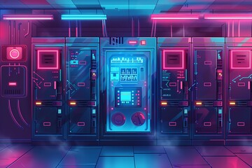 Neon-lit server room with futuristic design.