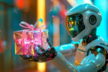 A futuristic robot holding a gift in front of a bokeh background.