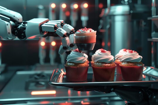 Robotic arm serving digital cupcakes on a high-tech tray, sci-fi, metallic tones, 3D rendering, blending culinary arts with technology