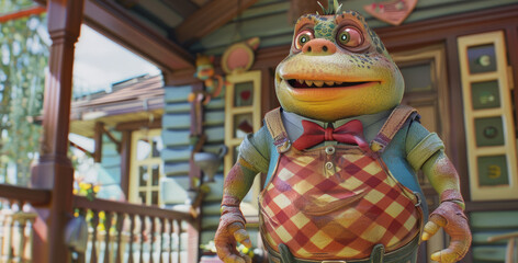 Naklejka premium A charming 3D-rendered monster stands happily in front of a whimsical house. Perfect for children’s stories or animations, this character adds a touch of fun and imagination.