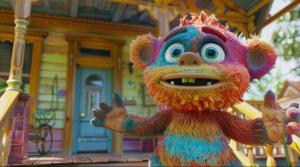 Fototapeta premium A charming 3D-rendered monster stands happily in front of a whimsical house. Perfect for children’s stories or animations, this character adds a touch of fun and imagination.