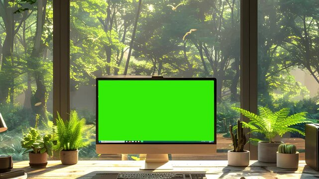 monitor on the grass with greenscreen