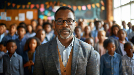 Fototapeta premium Middle age African-American male teacher in front of diverse elementary school class, copy space