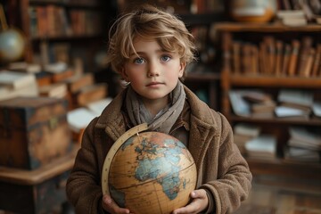 Young Boy Holding A Globe In A Library