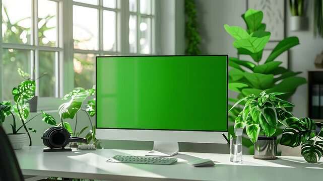 pc monitor on desk with greenscreen, houseplants behind