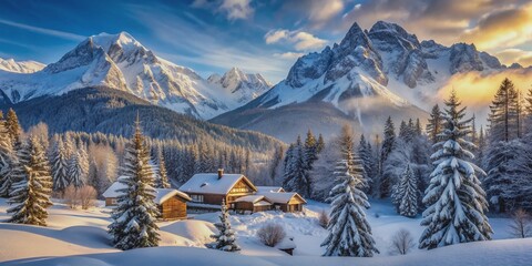 Majestic snow-capped mountains rise above a serene winter landscape, offering a tranquil alpine retreat surrounded by snowy trees and breathtaking vistas of peaceful calm.