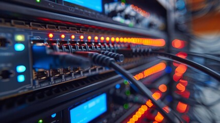 Network switch with glowing red LED indicators in a home setup.
