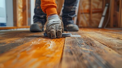 A close-up of a worker using a specialized tool to measure the levelness of a subfloor before installing new tiles