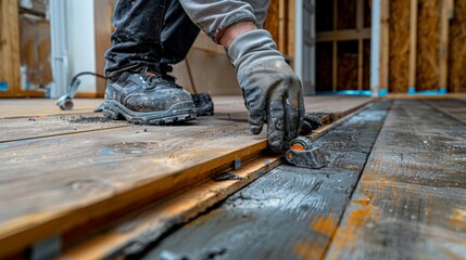 A close-up of a worker using a specialized tool to measure the levelness of a subfloor before installing new tiles
