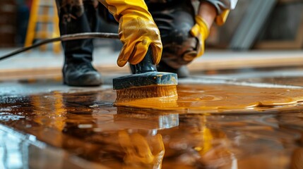 A detailed shot of a worker applying a polyurethane finish to a freshly sanded hardwood floor, ensuring protection and shine