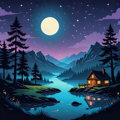 Night landscape with big moon, house, trees, lake, and mountain 