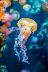 Obraz premium A jellyfish is floating in the ocean with other jellyfish