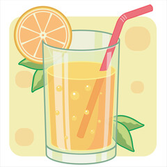 fresh orange juice with sliced orange and straw. vector flat illustration cartoon drink isolated