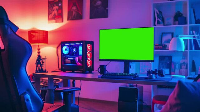 gaming setup, with a comfortable gaming chair, a PC with RGB lighting, and a monitor displaying a green screen